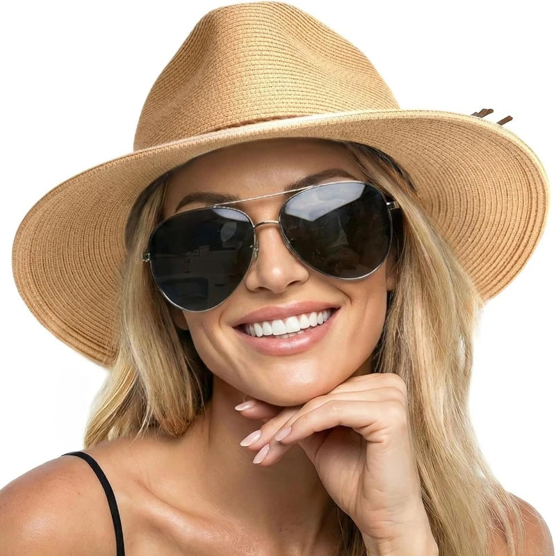 1pc Summer Straw Beach Sun Hat for Women UPF 50 Floppy Wide Brim Travel Bucket Panama Fedora Hat Foldable Packable for Beach Hat