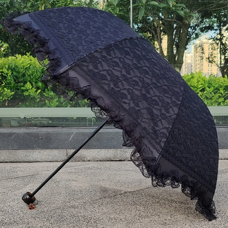 Sombrilla de Encaje para Mujer, Doble Capa, Plegable en Tres Partes, Resistente al Viento, Parasol de Princesa, Bonito, con Protección Solar Anti-UV, Paraguas para Boda