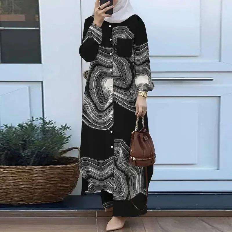 Elegantie lang mouwen lang shirt en broek moslimjurk Arabië Dubai Abaya moslimset losse vrouwen Abaya Marokko feestjurk