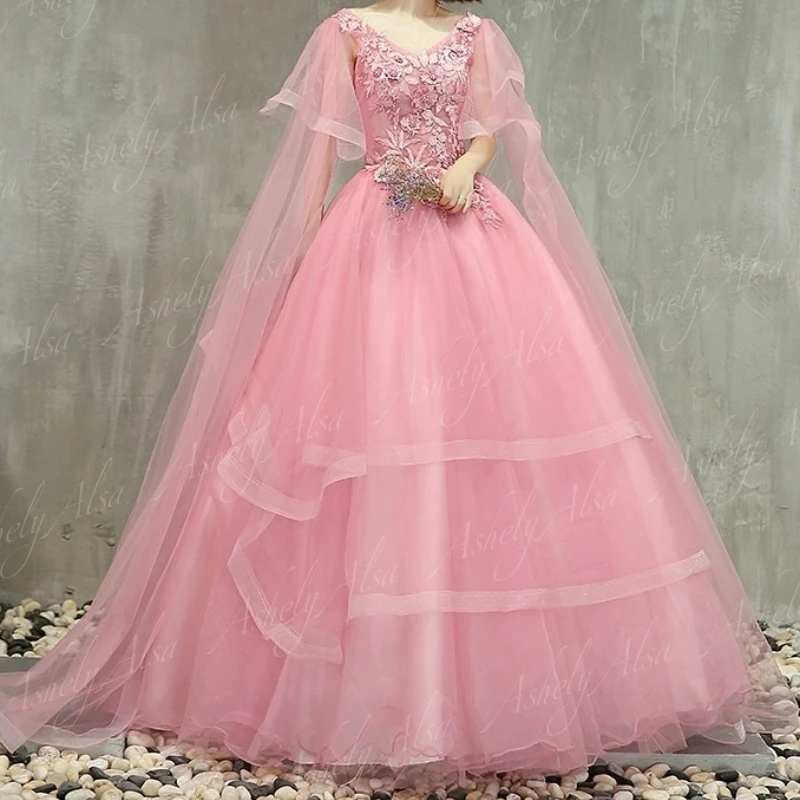 Robe de Rhélégante à col en V pour femmes, jupe bouffante, robe de soirée d'anniversaire, rose doux, 15 filles, événements spéciaux, 16