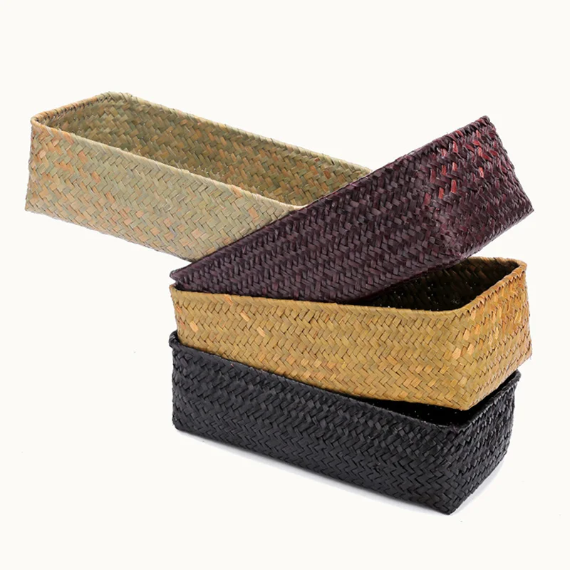 Natural Handmade Storage Baskets Desktop Rectangle Wicker Basket Sundaries Gadgets Storage Container Home Decorative Organizer