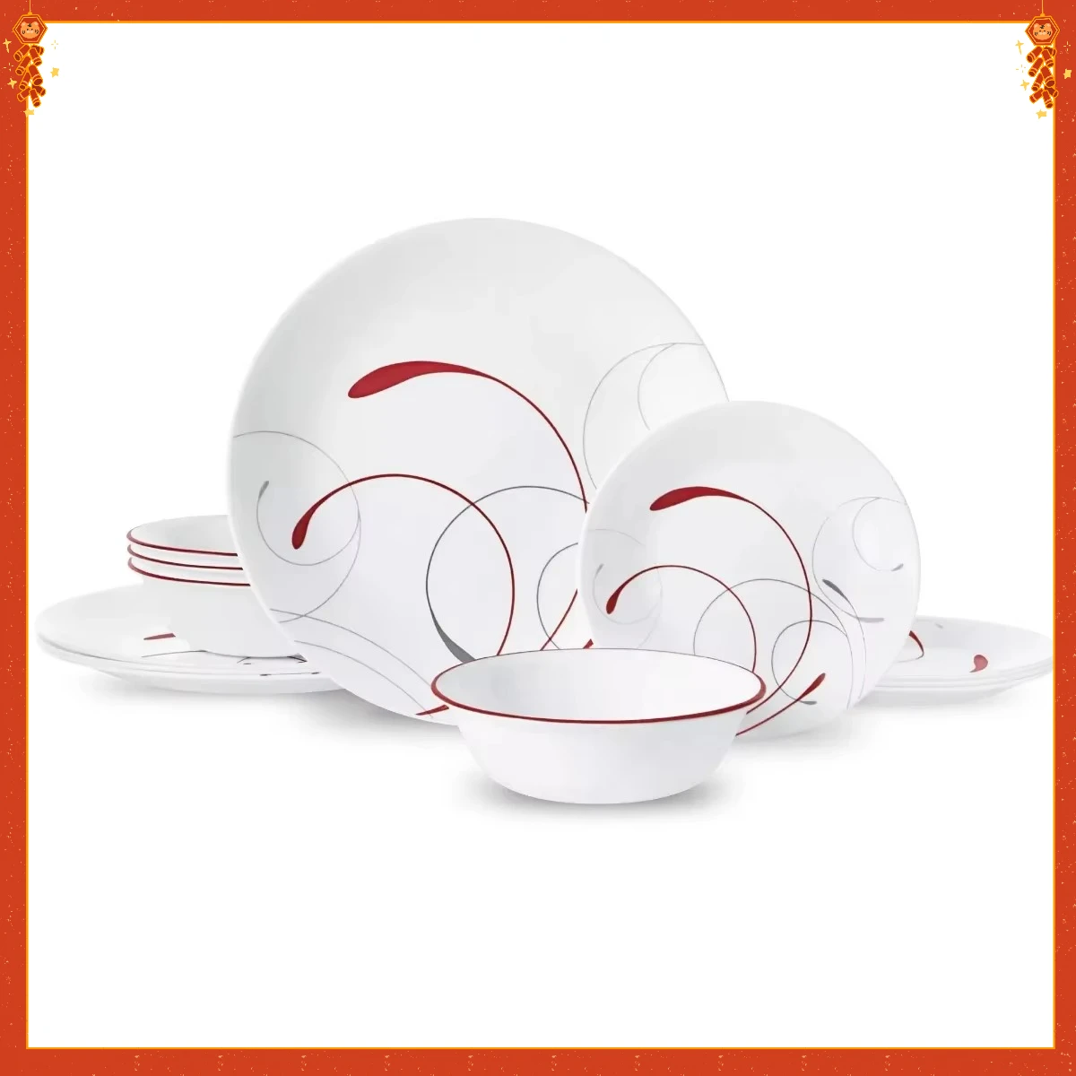 طقم أواني طعام كلاسيكية باللونين الأبيض والأحمر، أطباق وأوعية سيراميك مكونة من 12 قطعة. آمن للاستخدام في غسالة الأطباق، خدمة لـ 4 أشخاص، أدوات مائدة حديثة. #3