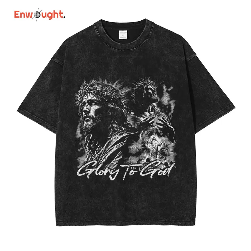 God pattern T Shirt Oversized Virgin Mary Vintage Washed T-shirts Y2K Streetwear Retro DTG Printing Tops Tees Men 100% Cotton