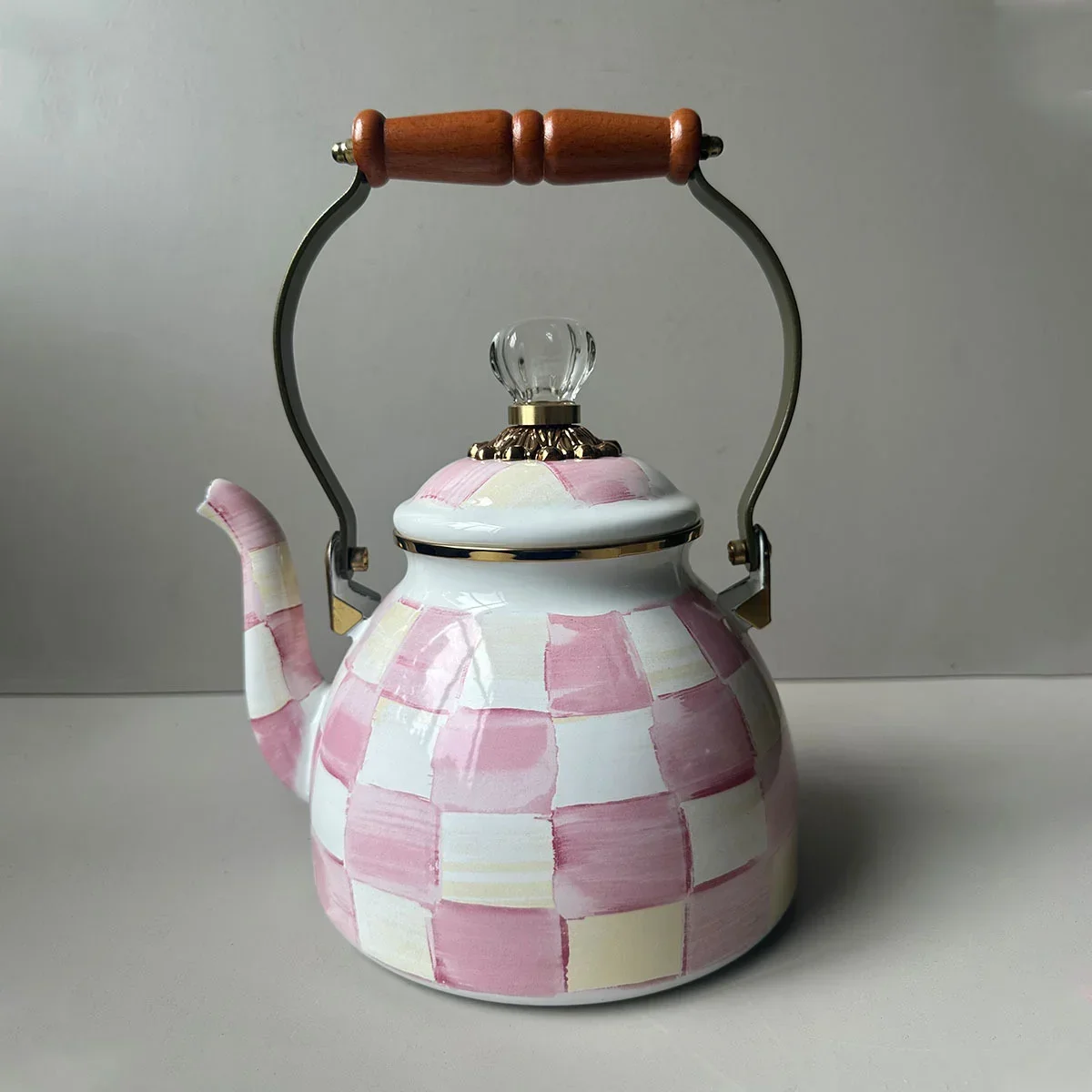 European Handmade Enamel Teapot Coffee Pot Kettle Hand Drawn American Oil Painting Style Black White Checkered Enamel Kettle