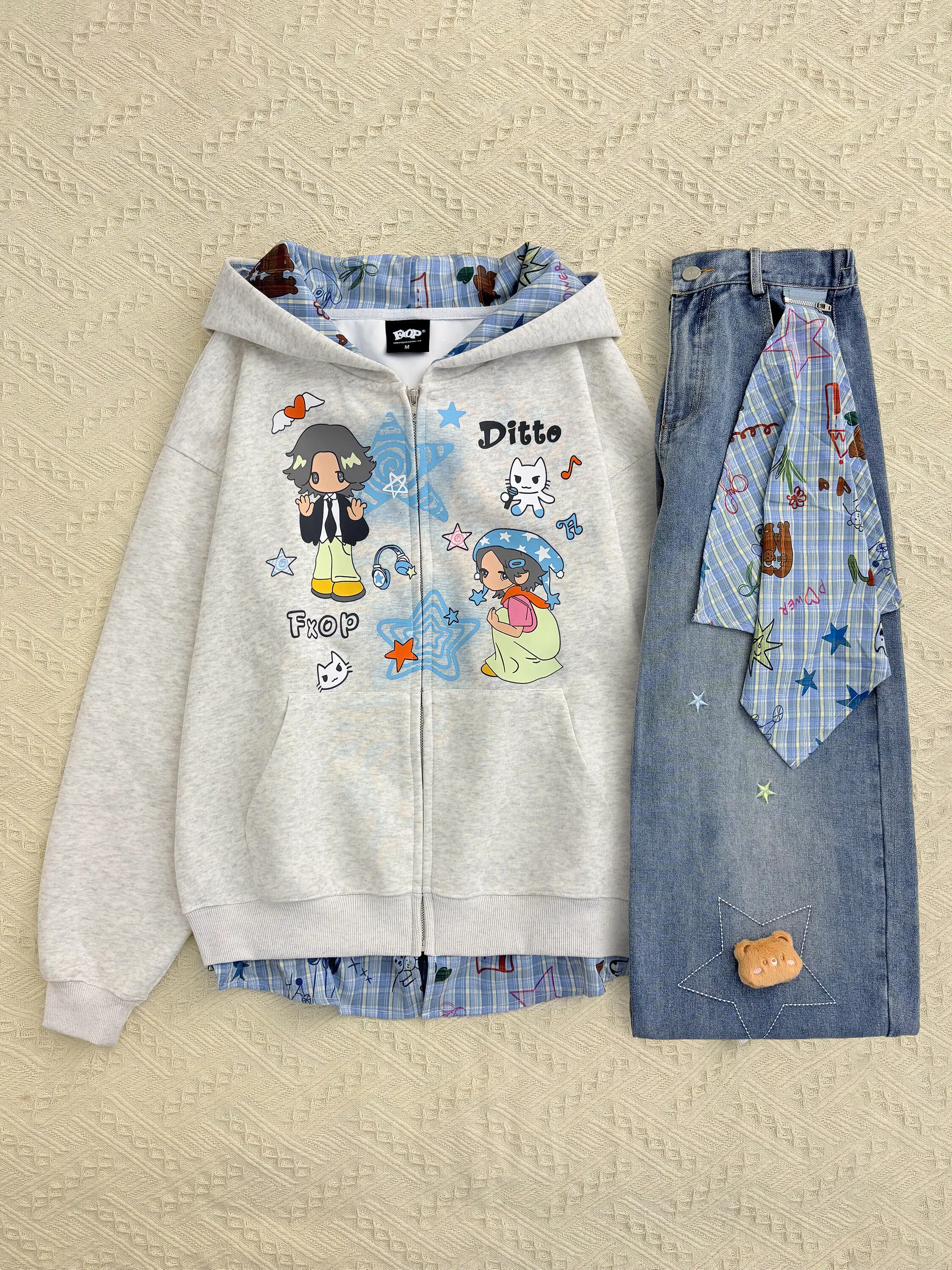 

Корейская женская толстовка-кардиган на молнии с вышивкой мультяшной собаки, в клетку, свободного кроя, с длинными рукавами, из хлопка, в стиле Lazy Chic