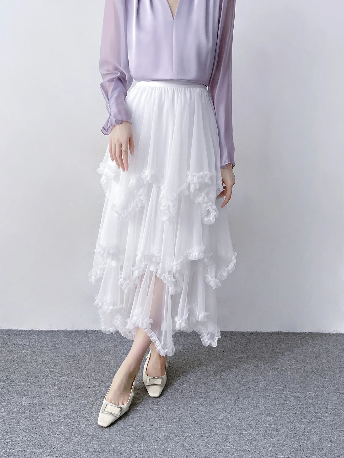 

White Lace Half Skirt Women's High Waist A-Line Skirt Elastic Waist Cake Skirt Puffy Skirt Korean Style Breathable Skin-Friendly
