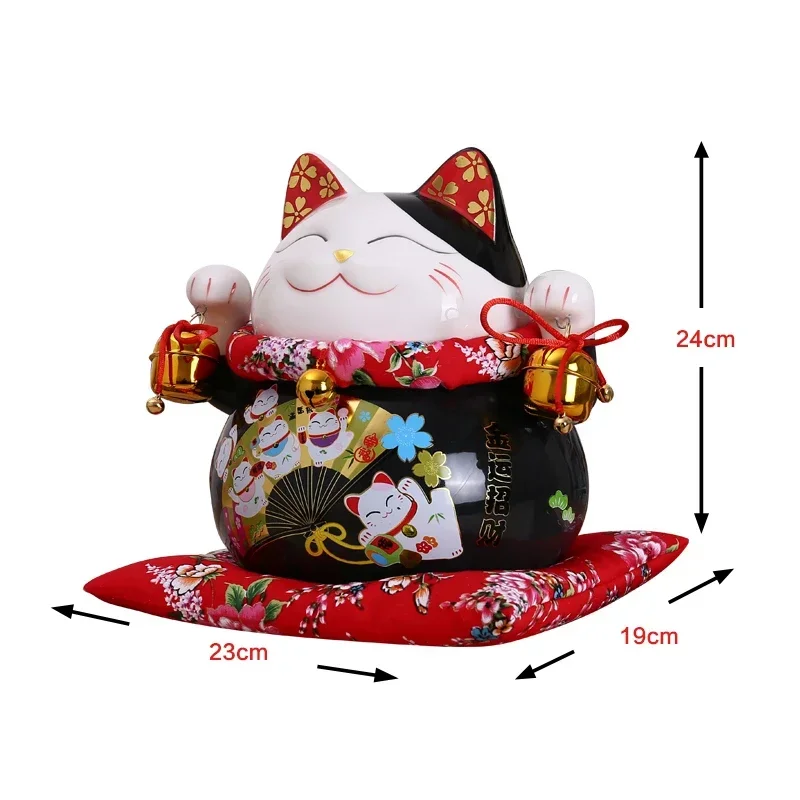 10 inch Black Ceramic Maneki Neko Ornament Lucky Cat Money Box Fortune Cat Figurine Chinese Statue Piggy Bank with Bells