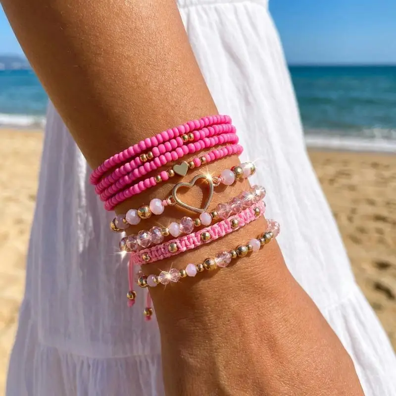 6Pcs Set Bohemian Handmade Rice Beads Heart Shaped Sweet Bracelets For Women Jewelry