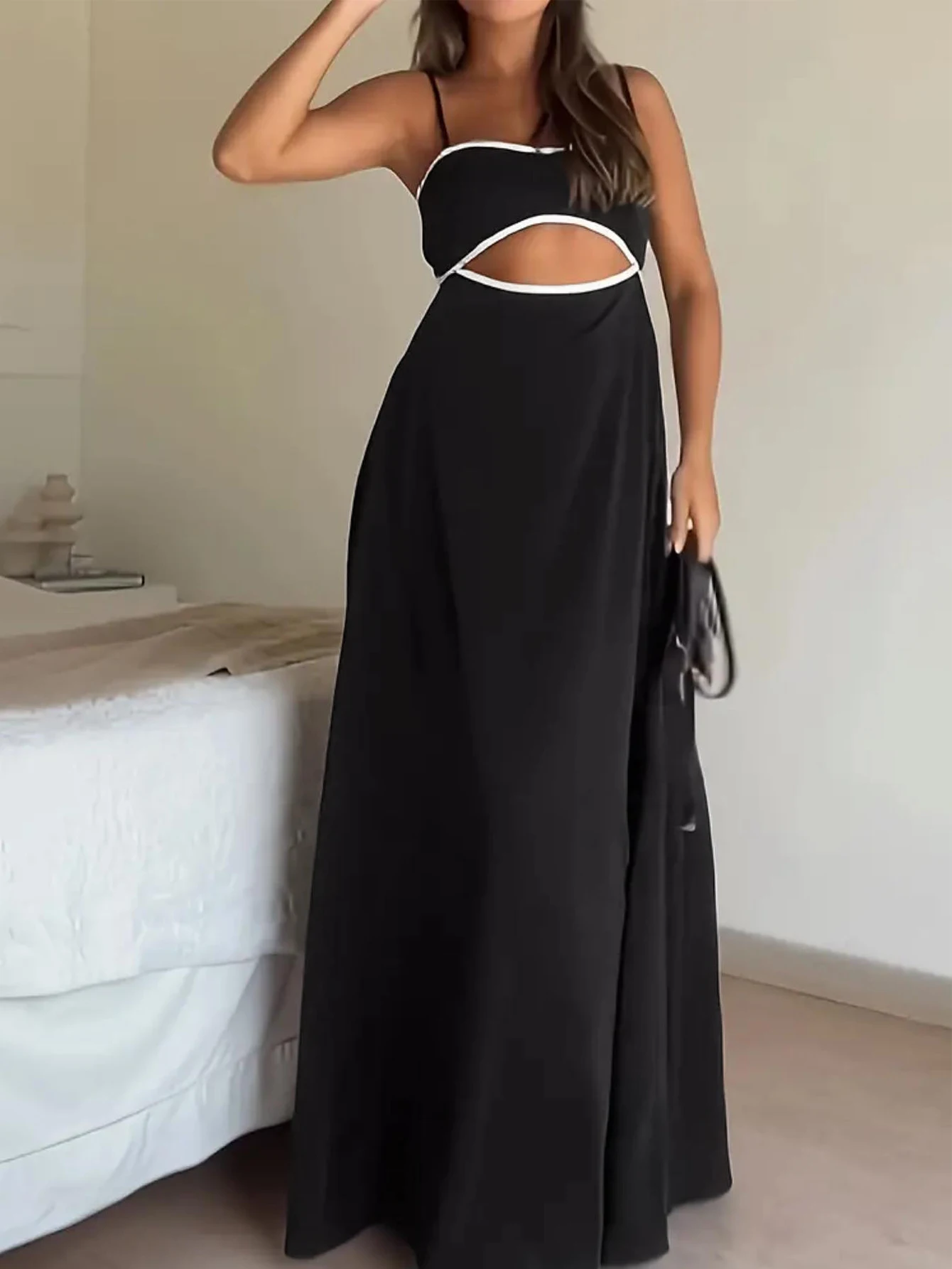 One Spring & Summer Black-White Cutout Slip Maxi Dress, Fashionable & Comfortable, Casual Personalized Style, Outdoor Trip, Youn