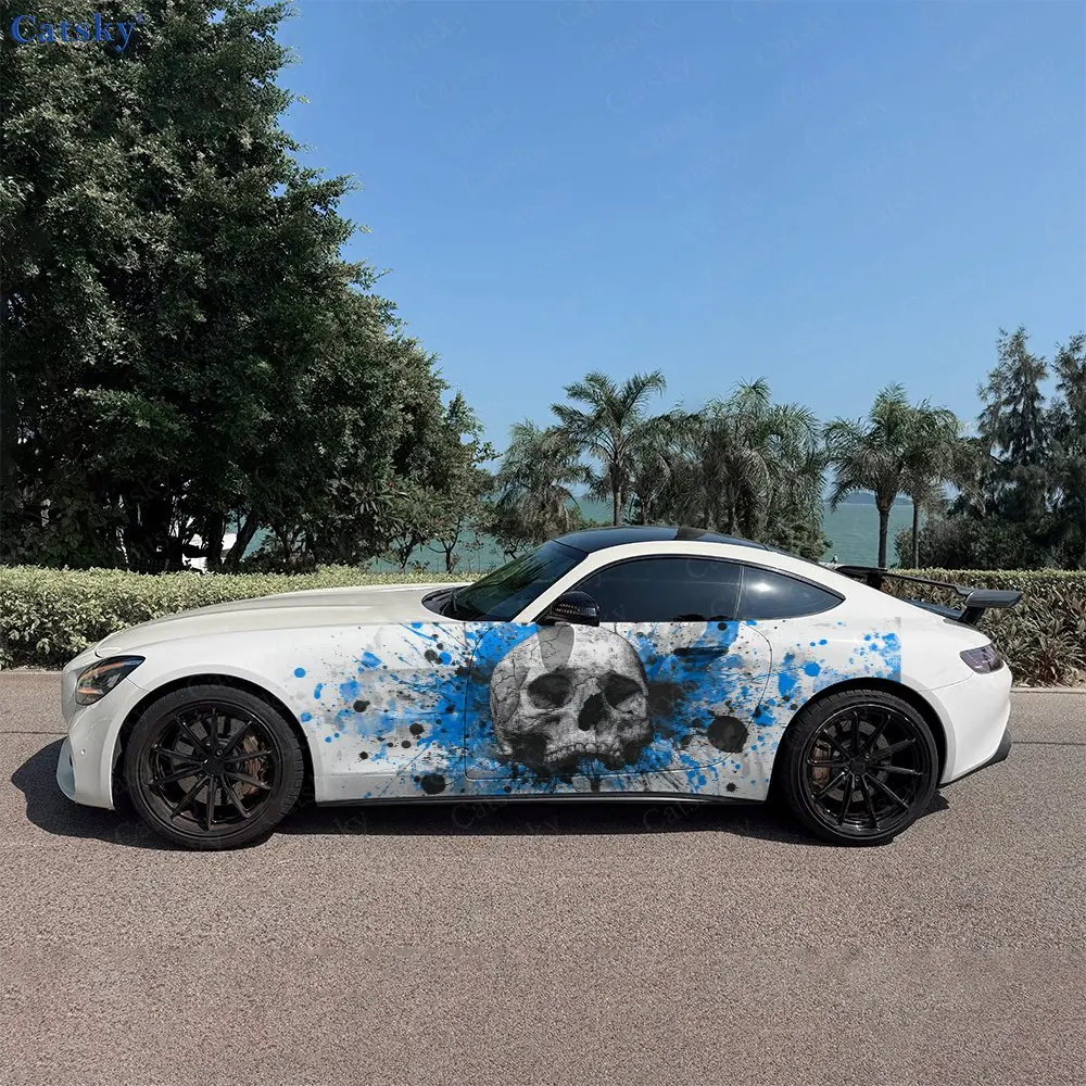 2pcs Blue & Black Splatter Skull Car Side Wraps, Self-Adhesive PVC Waterproof & Scratch-Resistant Stickers, Car Accessory Gift