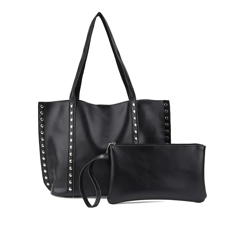 

Fashionable American PU Leather Women's Handbag Retro Style Design Dot Metal Rivets Maillard Large Capacity Shoulder Underarm Ba