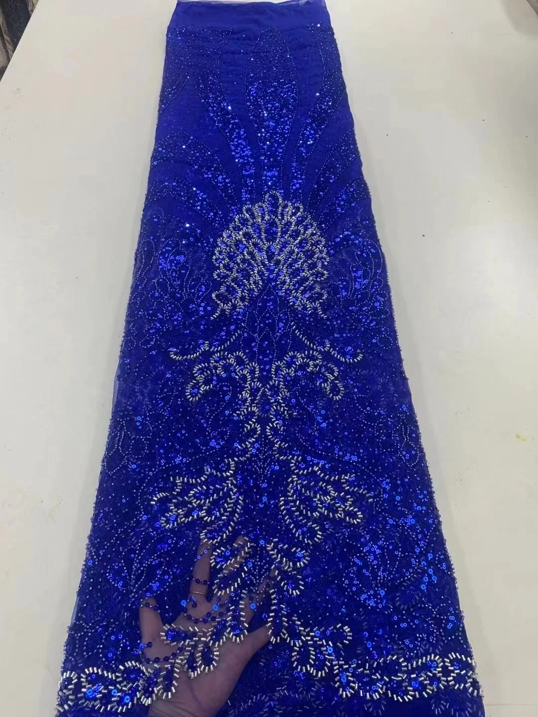 

Royal BLue uxury Sequence African Lace Fabric High Quality French Tulle Lace Embroidery Sequins With Beads For Party Dress Sew