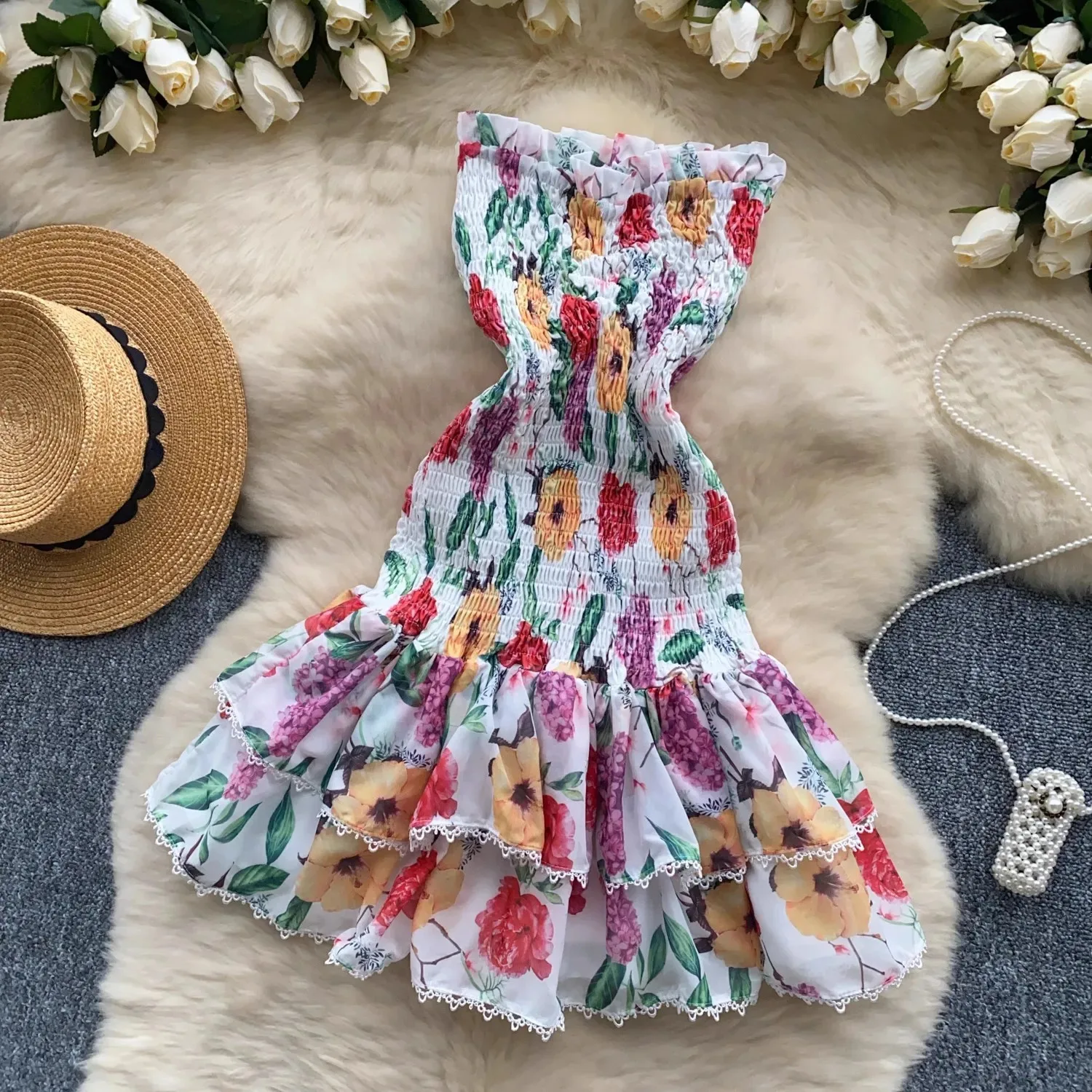 Summer Floral Sundress Holiday Halter Print Corset Short Dress Women Sexy Backless Ruffles Cake Vestidos Mini Flower Beach Robe