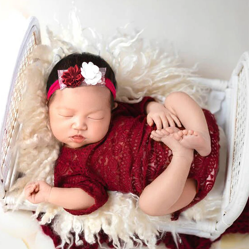 Ylsteed 2 Pieces Set Red Newborn Lace Romper with Floral Headband Baby Girl Photo Shooting Outfits Newborn Christmas Gift