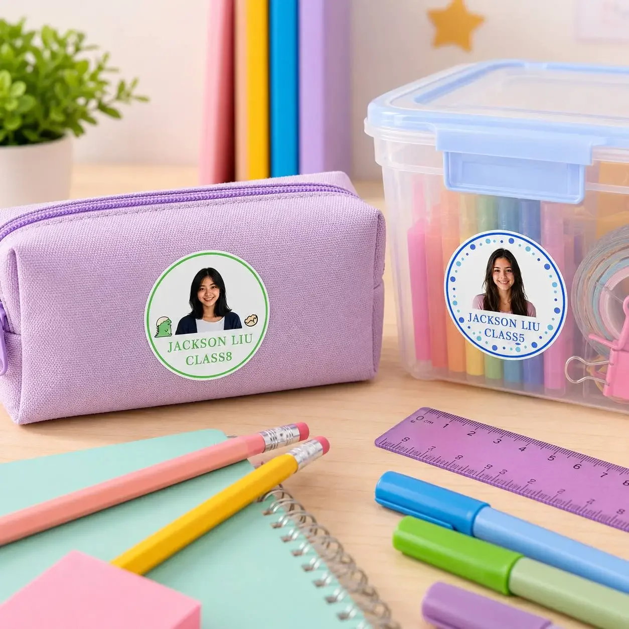 Customized Photo Name Class Stickers, Personalized Round Student Labels, Suitable for Books, Notebooks, Pencil Cases, Water Bottles, Lunch Boxes, and School Supplies