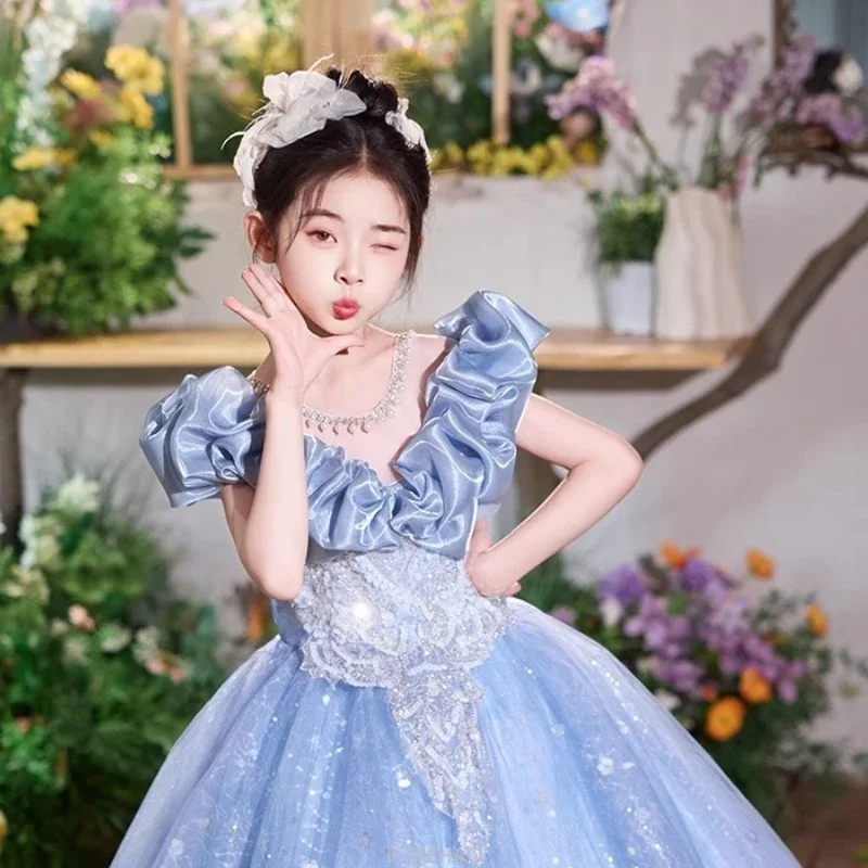 

Girls Evening Dress Luxury Princess Gown Birthday Party Pageant Outfit Kids Piano Recital Performance Formal Kid Blue Clothes