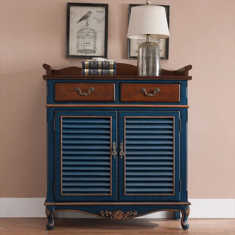 Retro Blue Shutter Shoe Cabinet Large Capacity Breathable Storage Locker American Style Home Entryway Organizer Wholesale