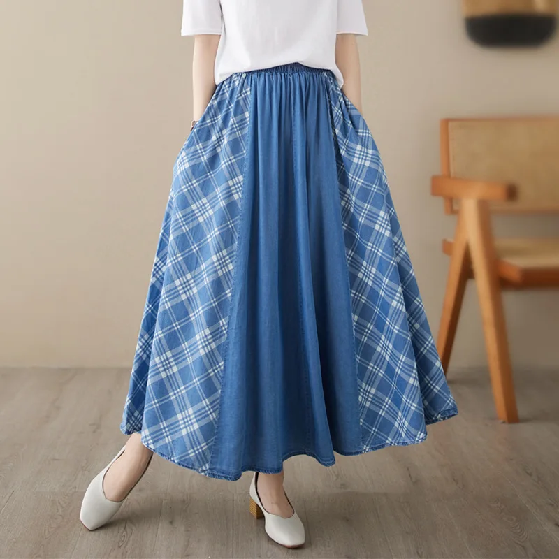 

Johnature Summer 2024 New Korean Denim Skirts Elastic Waist Casual Loose Patchwork Pockets Women A-Line Skirts