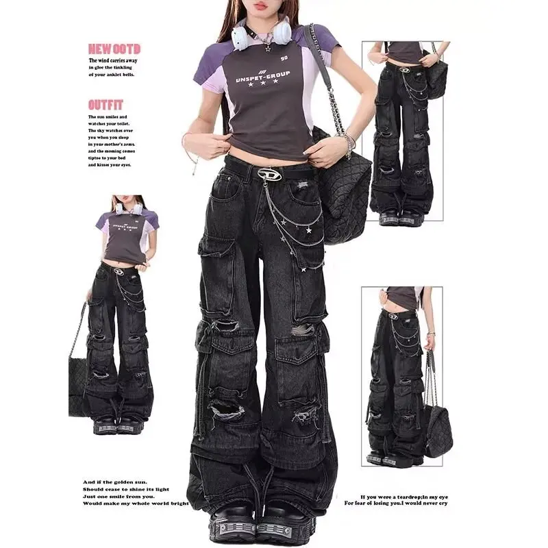 

High Street Y2k 2000s Ripped Baggy Jeans Women Black Gothic Denim Trousers KPOP Safari Punk Pants Vintage Woman Clothing Clothes