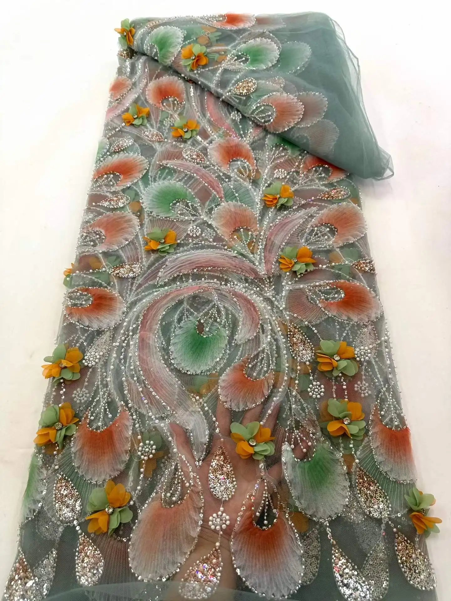 

African 3D Flower Sequins Lace Fabric High Quality Lace Embroidery Beads Mesh Fabric 5 Yards For Women Wedding Party