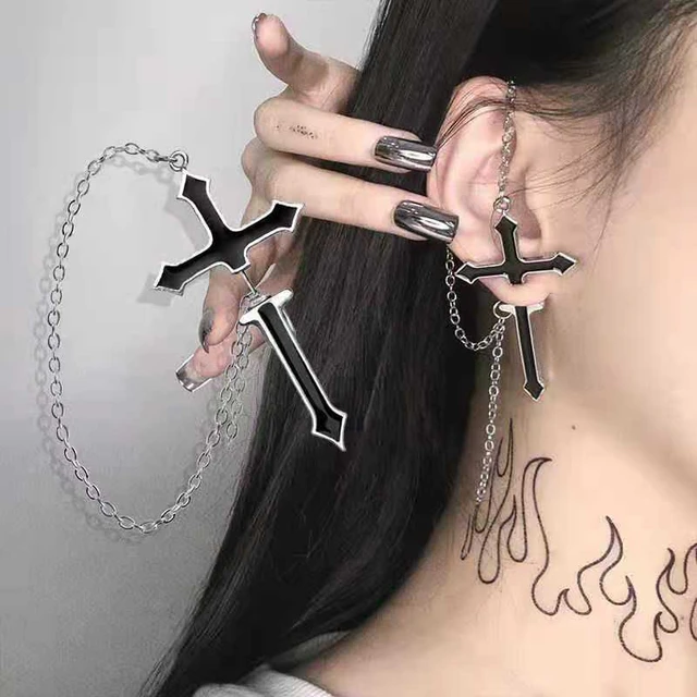 Black Cross Band gothic Black Cross Drop Earrings Zinc Alloy Long Chain For Women