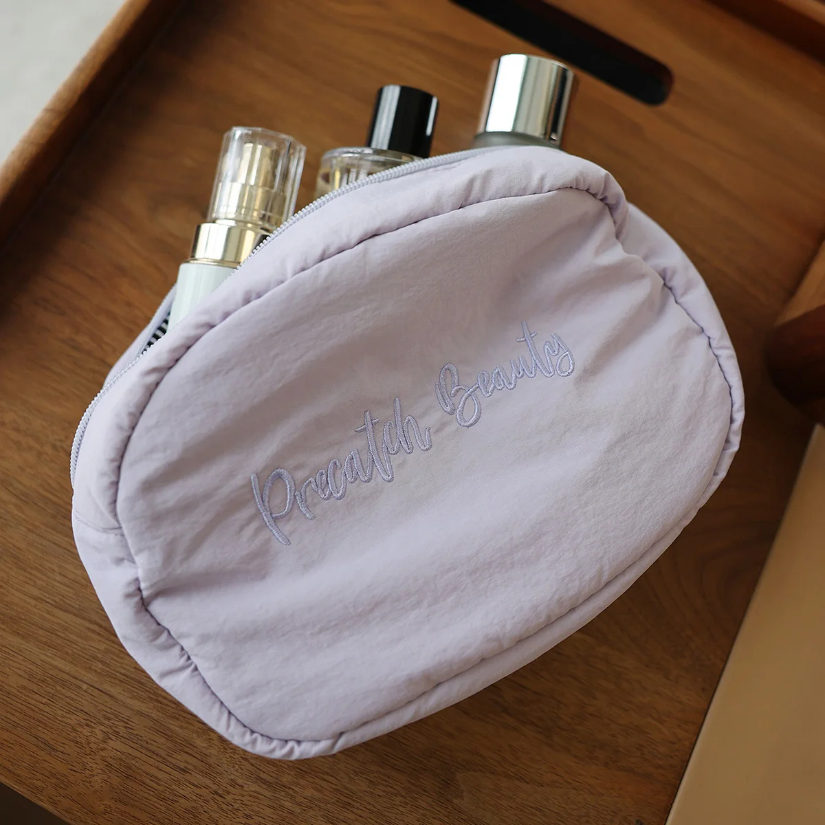 حقيبة مستحضرات التجميل المطرزة باللون الوردي والأرجواني للسفر بسعة كبيرة وسحاب وحقيبة تخزين وحقيبة أدوات الزينة وحقيبة داخلية كبيرة بلون سادة #4