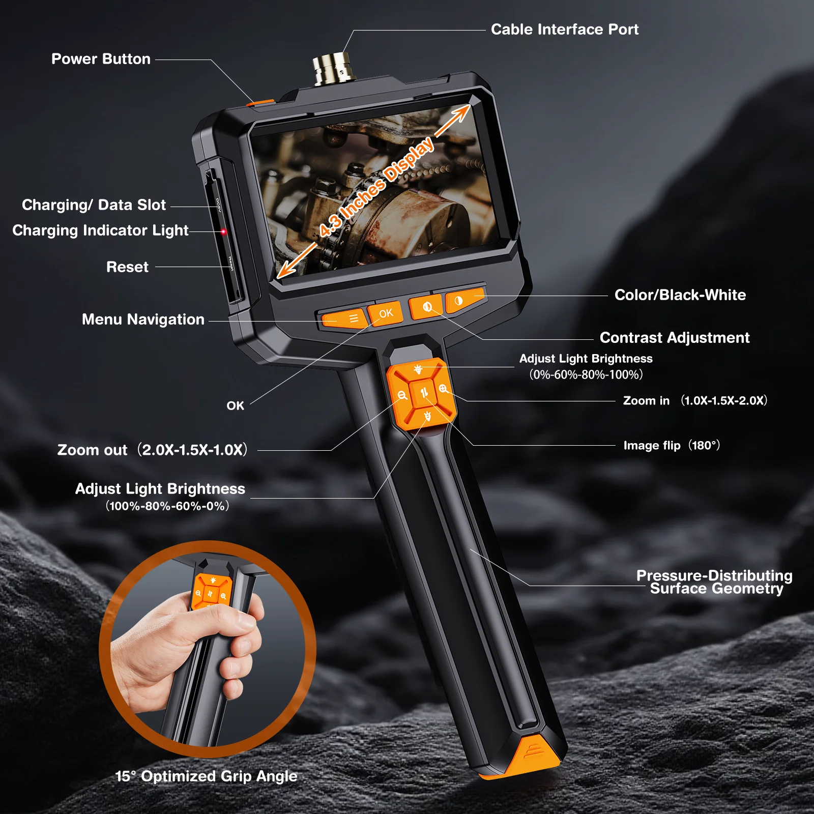 4.3 Inch Handheld Industrial Endoscope 16.4FT Semi-Rigid Cable Borescope HD Inspection Camera with LEDs IP67 for Automotive/Pipe