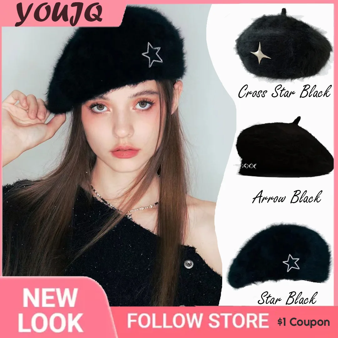 Cute Rabbit Fur Brilliant Diamonds Star Beret Hat For Women Winter Plush Warm Painter Cap Ladies Berets Casual Streetwear Gorra