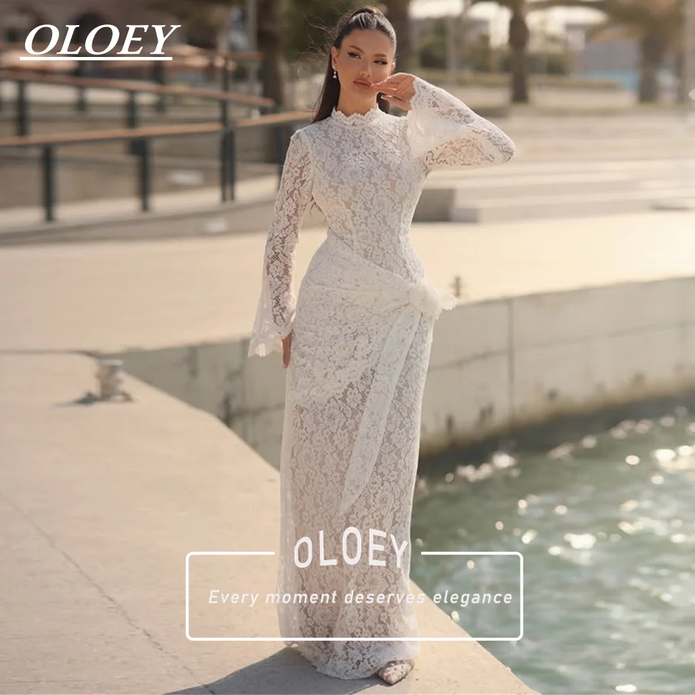 OLOEY Elegant Mermaid Full Lace Wedding Dress High Neck Flare Long Sleeves Fitted Waist Bridal Gown Floor Length Customized