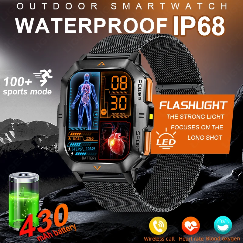 

LIGE New Rugged Smart Watch Men Flashlight Waterproof Military Watches 2.01'' Screen Heart Rate Bluetooth Call Sports Smartwatch