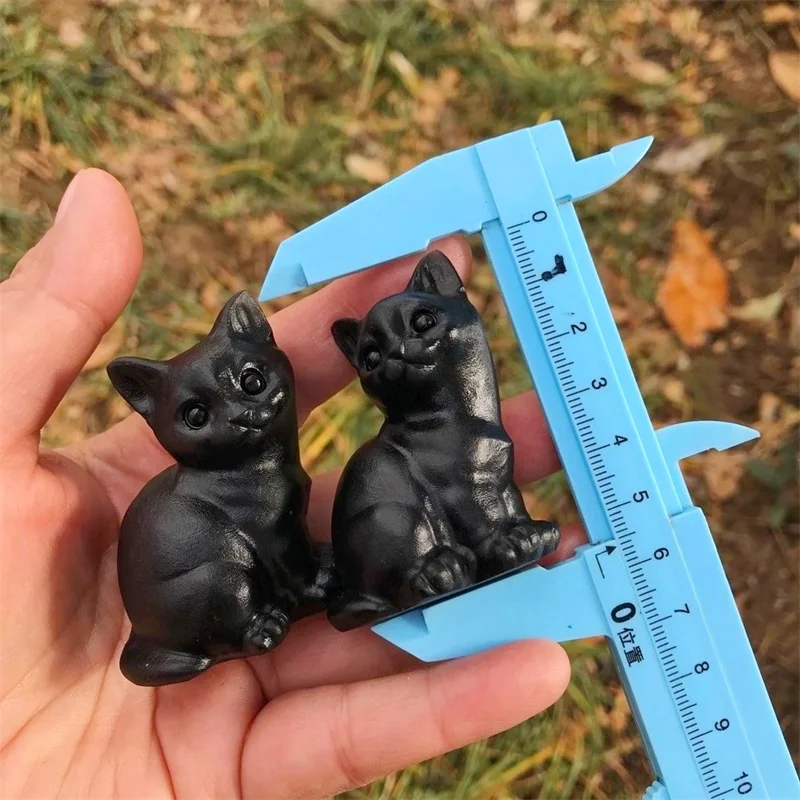 Natural Black Obsidian Cartoon Cat Carving Quartz Healing Crystal Stone Cute Birthday Present Home Decoration 1PCS