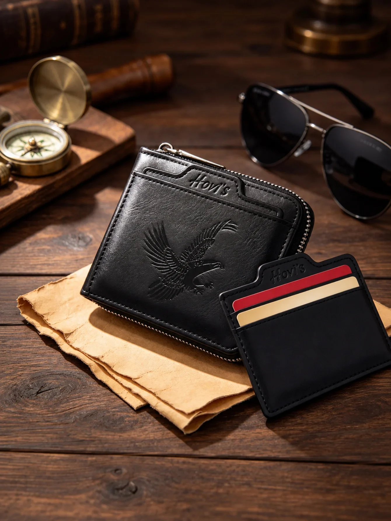 Men's PU Leather Zip Around Bifold Wallet, Eagle Embossed Short Wallet with Detachable Card Holder, Coin Pocket, ID Windows