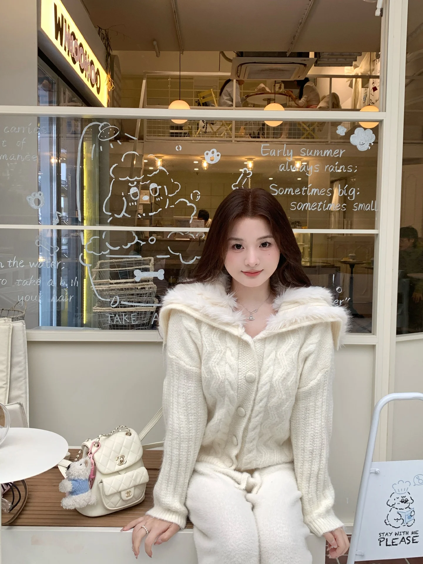 

Banana Thiened Knitted Cardigan Coat Women's Loose Fit Long Sve Warm Coat with Fur Collar Sweet Sle Autumn Winter Oute...