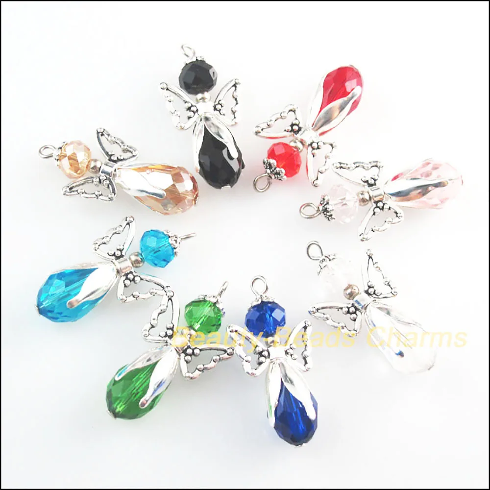 8Pcs New Charms  Tibetan Silver Color Mixed Crystal Acrylic Angel Wings Pendants DIY J049