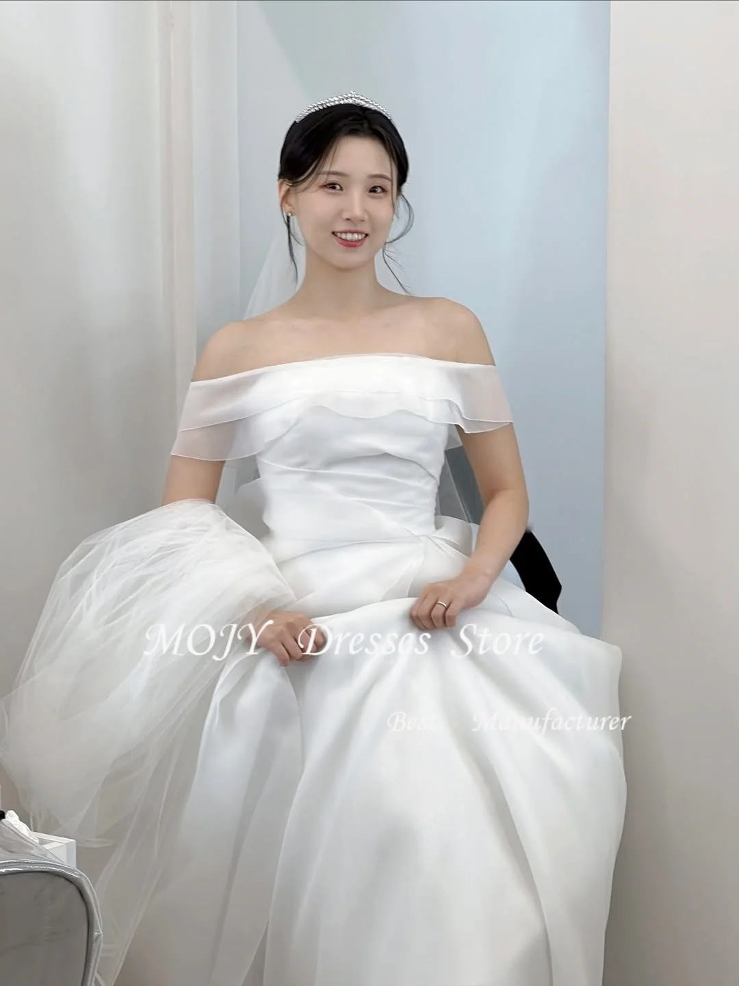 Mojy مخصص الكورية ألف خط مشد الطية الطابق طول فساتين الزفاف المفاجئة الزفاف فستان الزفاف كوريا تبادل لاطلاق النار الصورة الأورجانزا #1