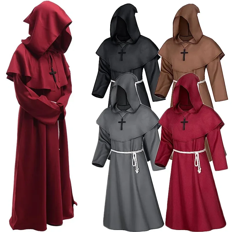 Halloween Wizard Costume Cosplay Medieval Hooded Robe Costume Monk Friar Robes Priest Costume Ancient Clothing Christian Suit