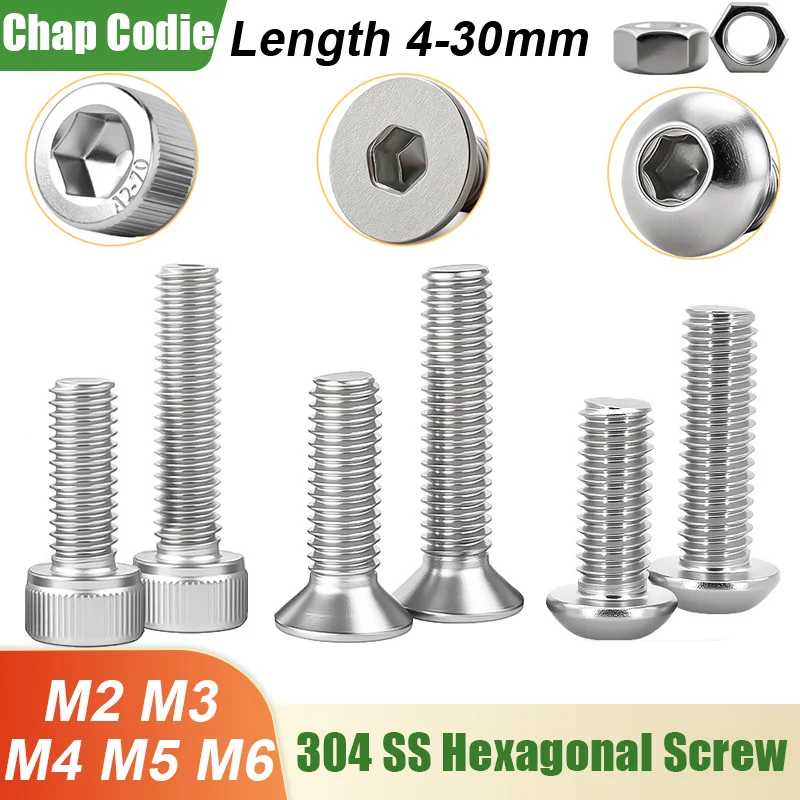 M2 M3 M4 M5 M6 304 Edelstahl Innensechskantschraube Metrisches Gewinde Metall Maschinenschraubenmuttern DIN912 DIN7991 ISO7380 DIN934 Schrauben