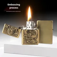 Retro Chinese Embossed Bronze Kerosene Grinding Wheel Lighter Classic Cheap Smoking Lighter Cigarette Lighter Men's Accessories