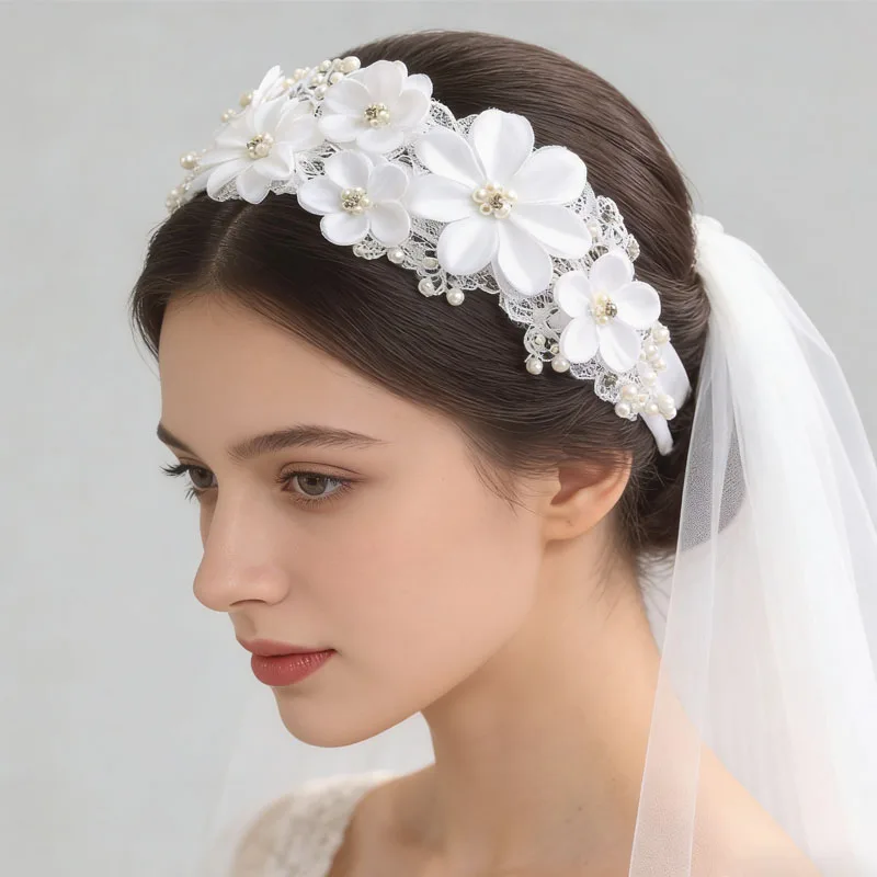 Elegant White Satin Lace Flower Bridal Headband for Women Bridesmaid Vintage Floral Wedding Ceremony Photoshoot Hair Accessories view 6
