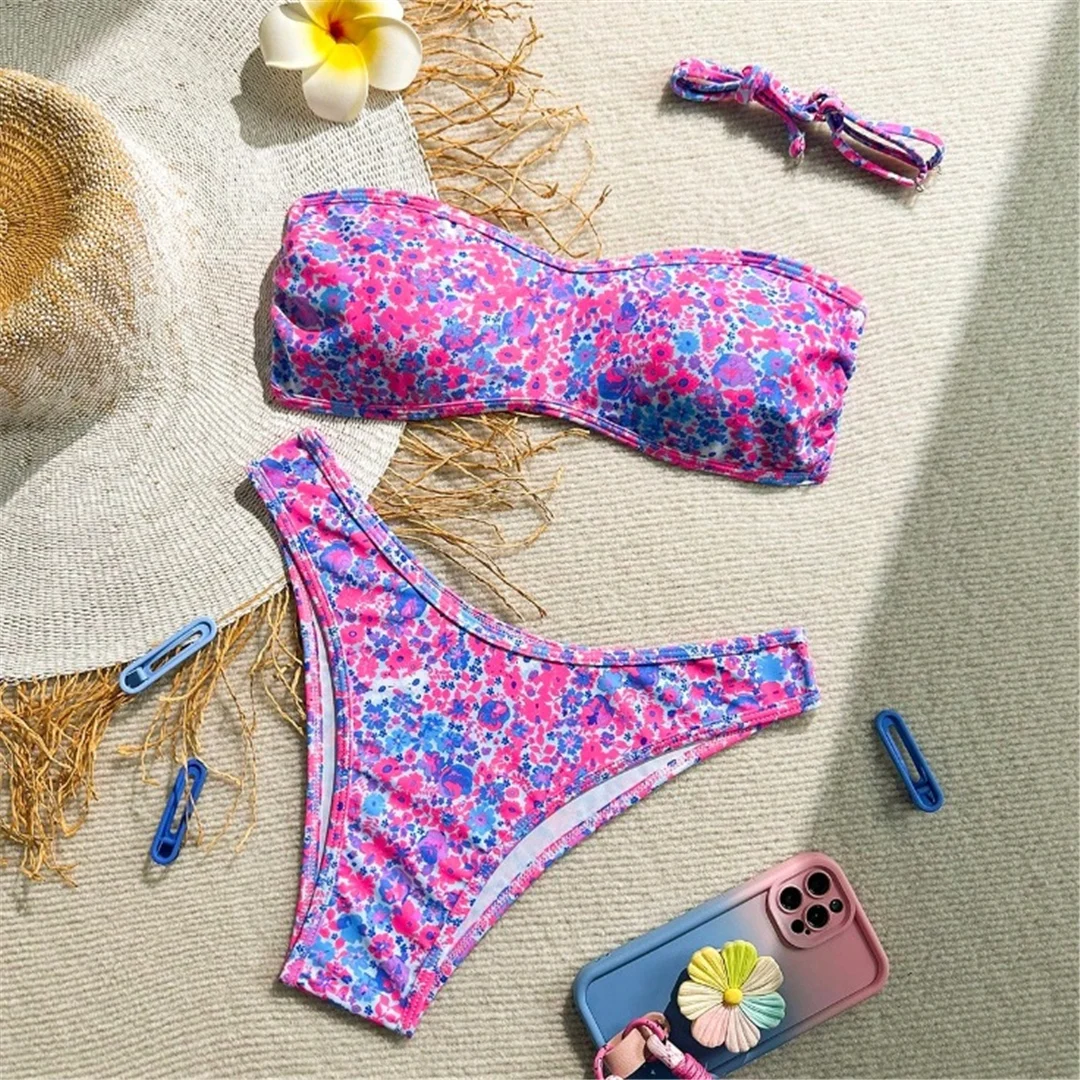 XS - XL Bedruckter Blumen-Bandeau-Bikini, Damen-Badeanzug, zweiteiliges Bikini-Set, Damen-Badebekleidung, Badeanzug, Badebekleidung, Schwimmbekleidung V693 – Detail 11