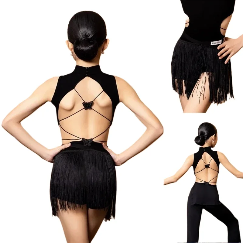 

Комплект брюк для выступлений Cha Samba, костюм для латинских танцев с открытой спиной, одежда для девочек, облегающие топы с короткими рукавами, юбка с бахромой для детей