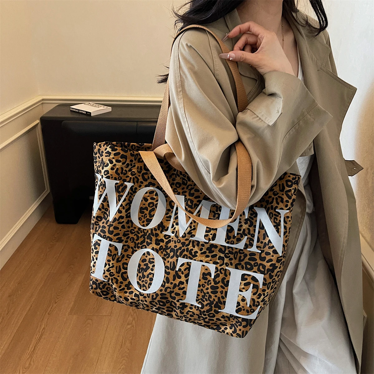 

Women's Leopard Canvas Tote Bag Large Capacity Shoulder Bag with Bold Letter Print Casual Handbag for Shopping Work Daily Use