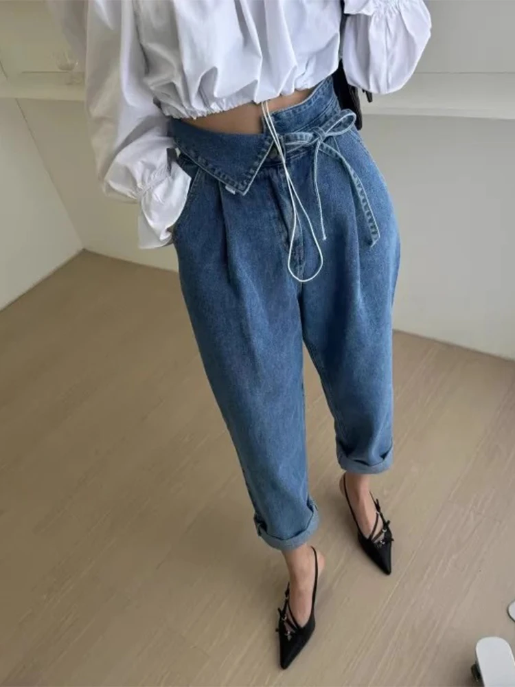 Women High Waist Loose Denim Pants Spring Summer Flip Waist Collar Strap Straight Harlan Jeans Long Pant Streetwear Y2K Trousers