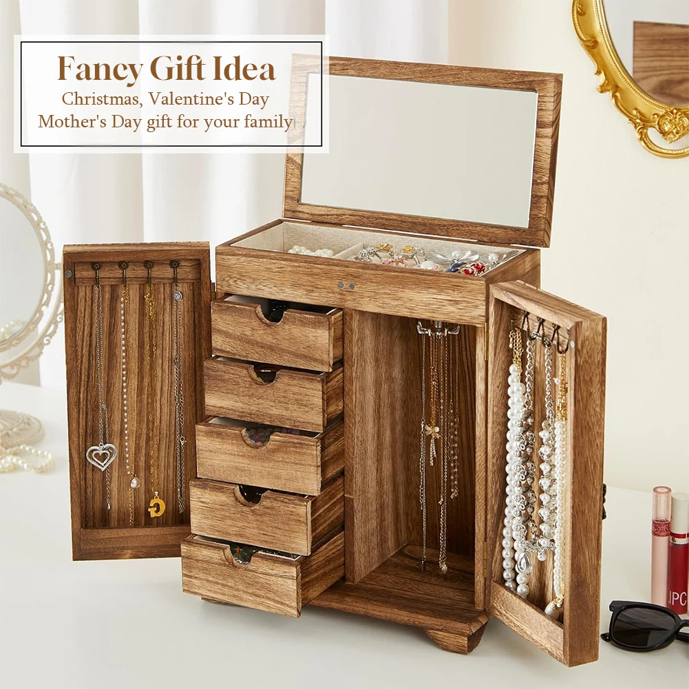 

Wood Jewelry Box Large Jewelry Organizer Box with Drawers & Mirror Jewelry Holder Jewelry Display Box for Rings Bracelets