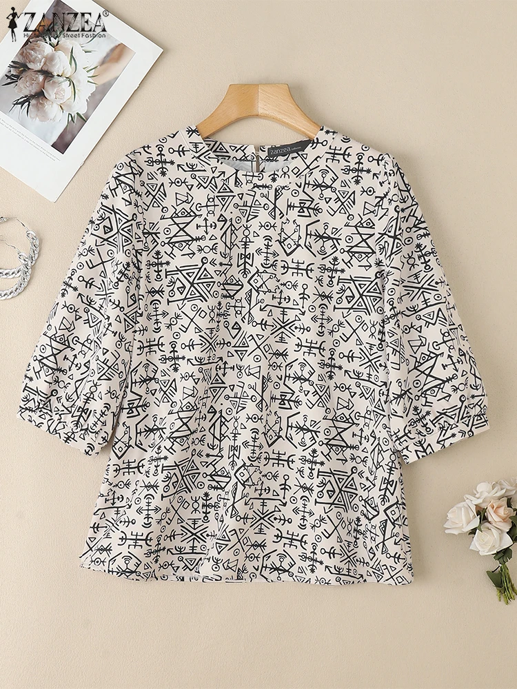 

2025 ZANZEA Summer Bohemain Holiday Blouses Women Tunic Tops Casual 3/4 Sleeve O Neck Work Blusas Mujer Fashion Printed Shirts