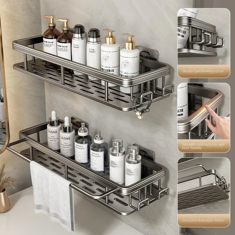 

Bathroom Storage Wall Mount Shampoo Makeup Storage Holder Bathroom Accessories No Drilling Wall Shelf Shower Holder for WC