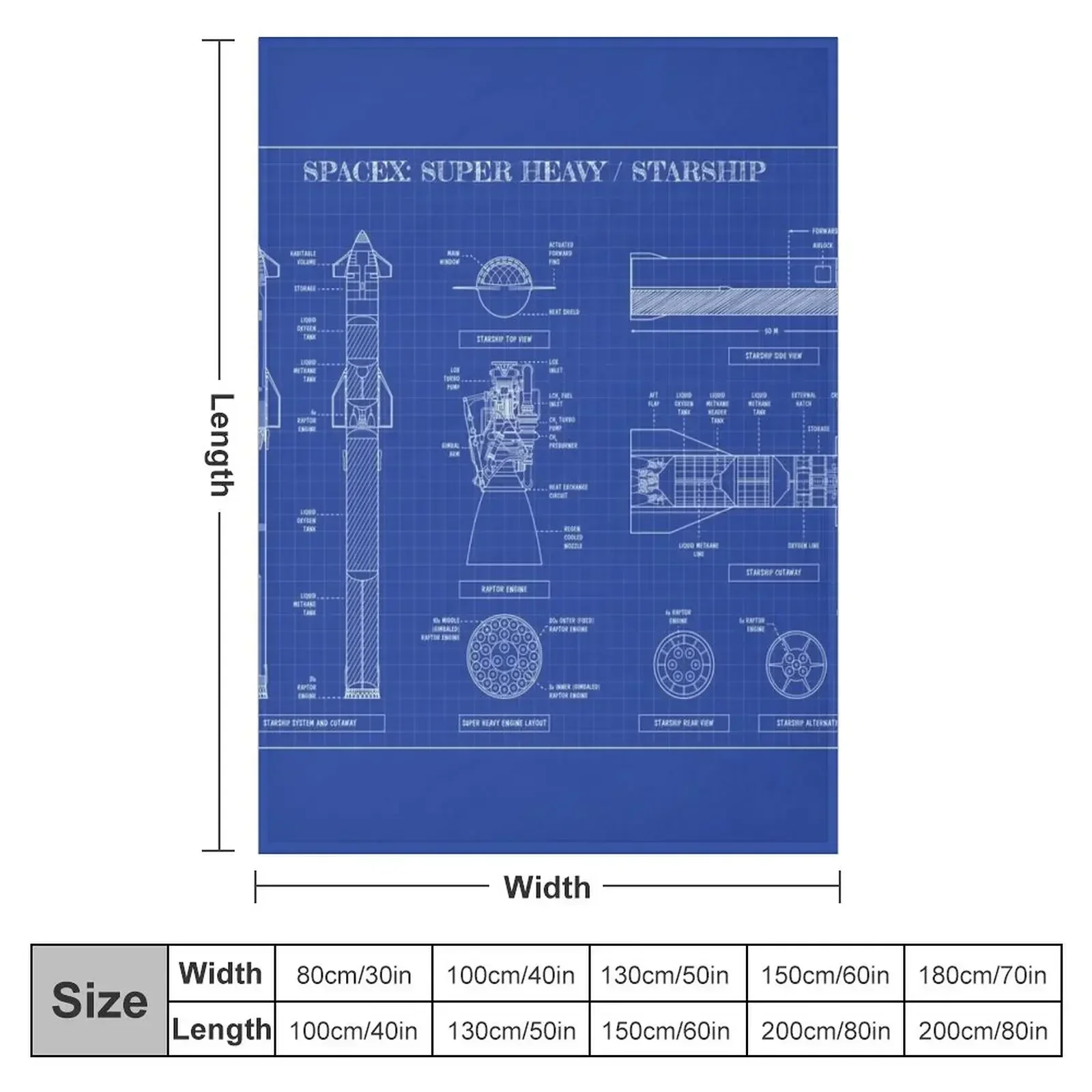 SPACEX: Super heavy / Starship (Blueprint) Throw Blanket Heavy Travel Blankets