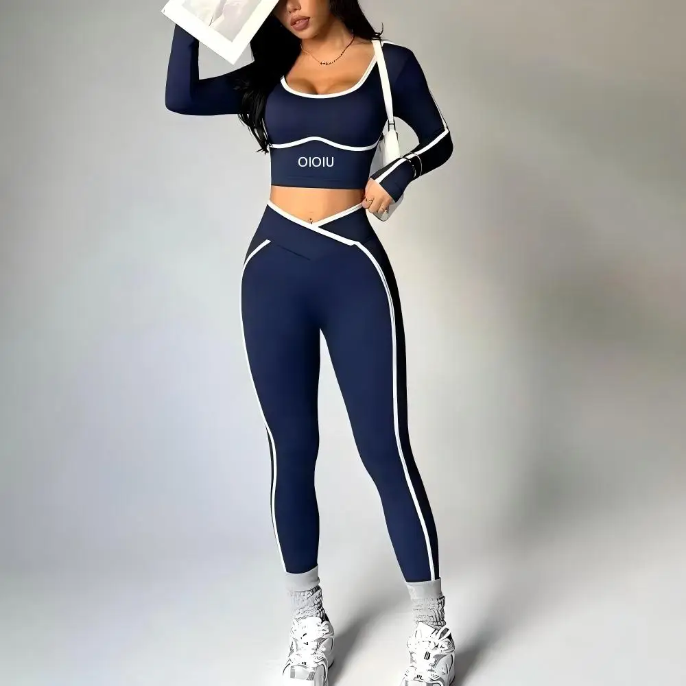 2026 New Color-Contrasting Yoga Set - Tight Yoga Long-Sleeved Front V-Waist Tapered Hip-Slimming Yoga Pants Set