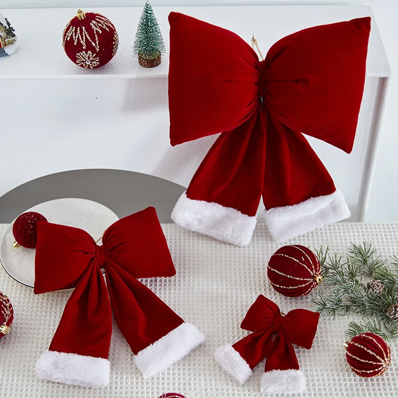 Lazos de Navidad de terciopelo con cable para decoración al aire libre, lazo rojo grande y suave para adorno de árbol de Navidad