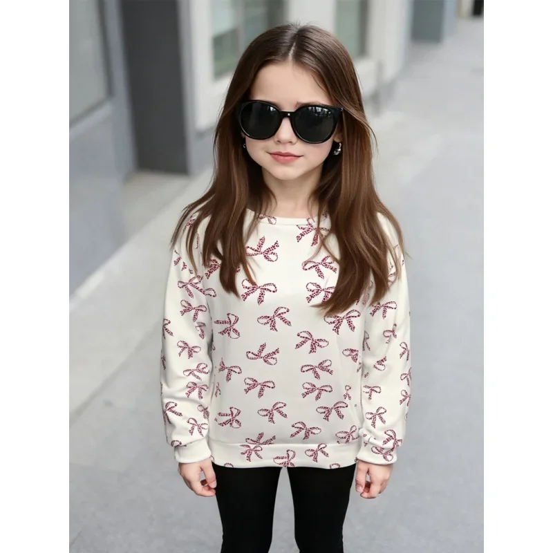 

2025 Girls Cute Bow Print Round Neck Sweatshirt